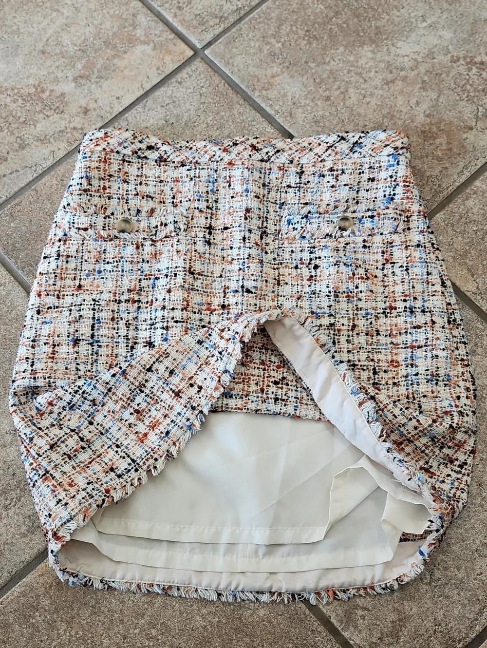 Ann Taylor Cream Tweed Mini Skirt with Blue & Brown Accents